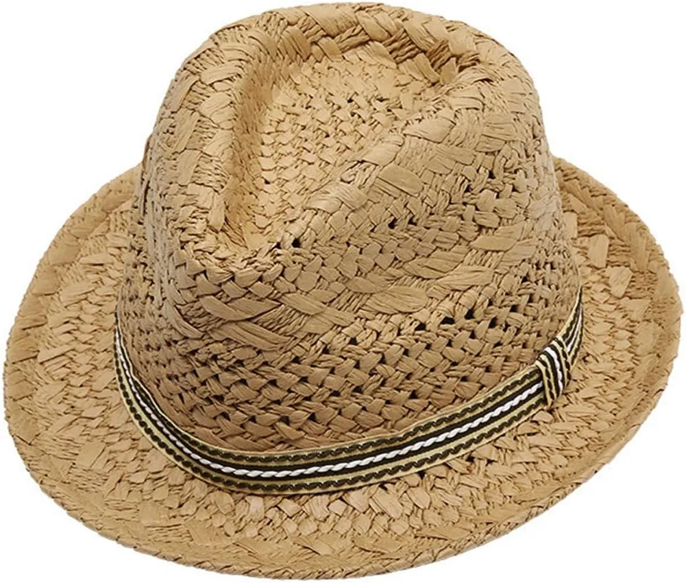 Kids Straw Fedora Sun Hat Short Brim Panama Jazz Hat Roll Up Trilby Bowler Cap for Small Boys Girls