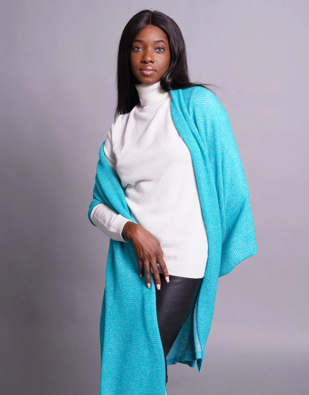 Loop Knit Two Toned Plaid Scarf in Light Aqua