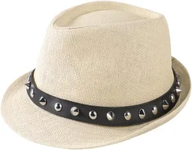 Men Cool Fedoras Summer Trilby Hat with Rivet Beach Straw Panama with Wide Brim Fashion Bowler Punk Jazz Costume Guy Hat