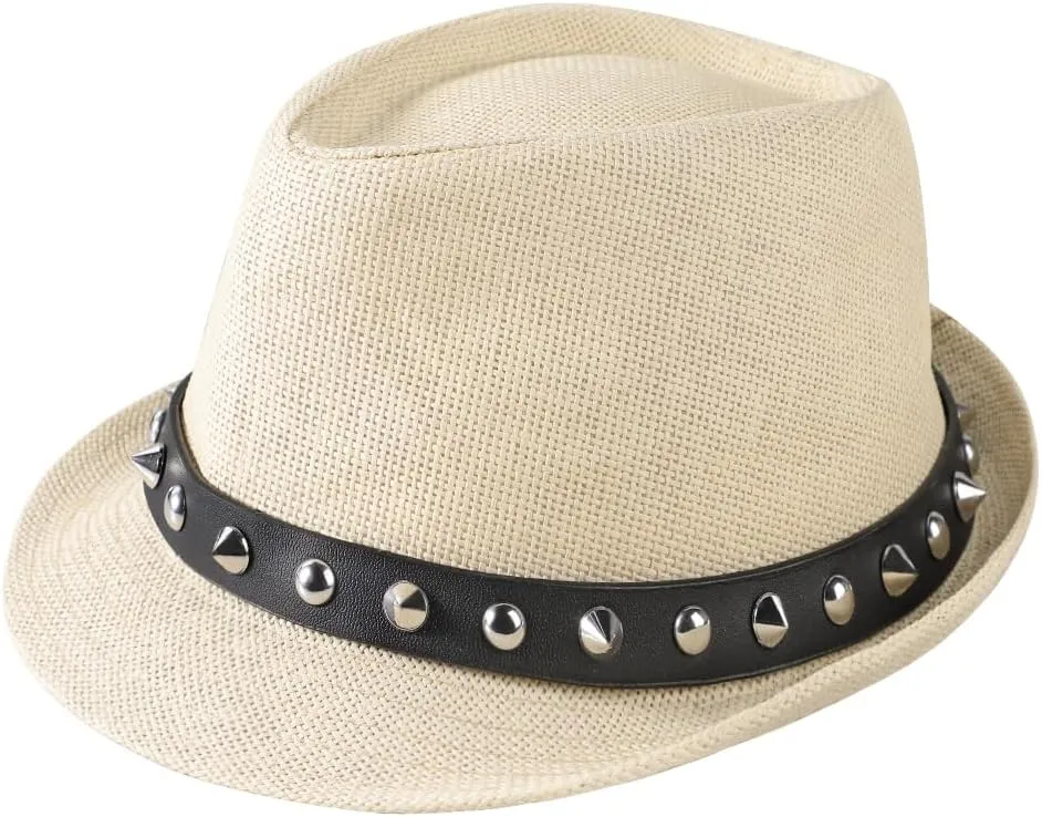 Men Cool Fedoras Summer Trilby Hat with Rivet Beach Straw Panama with Wide Brim Fashion Bowler Punk Jazz Costume Guy Hat