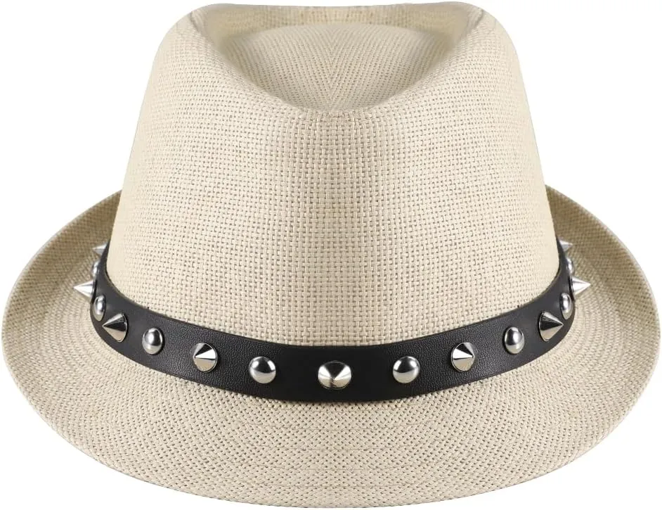 Men Cool Fedoras Summer Trilby Hat with Rivet Beach Straw Panama with Wide Brim Fashion Bowler Punk Jazz Costume Guy Hat