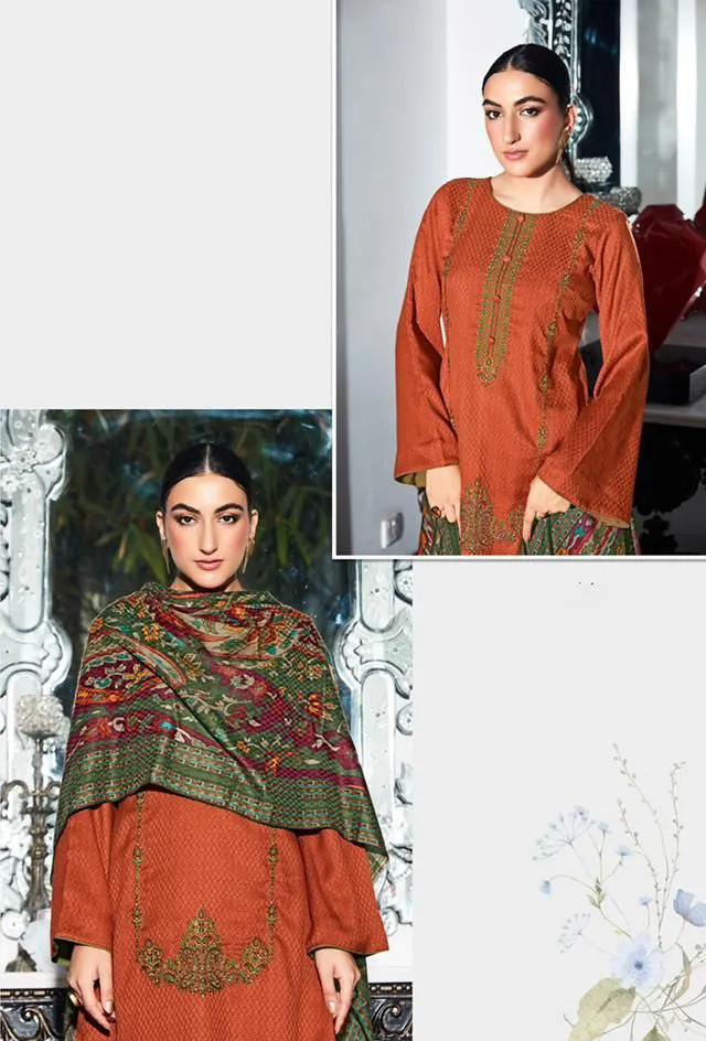 Mumtaz Arts Pashmina Orange Winter Unstitched Suits for Ladies