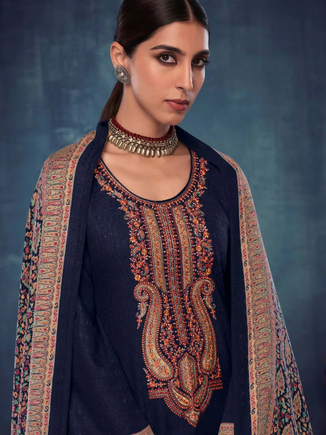 Navy Blue Pashmina Twill Embroidered Unstitched Winter Suits for Women