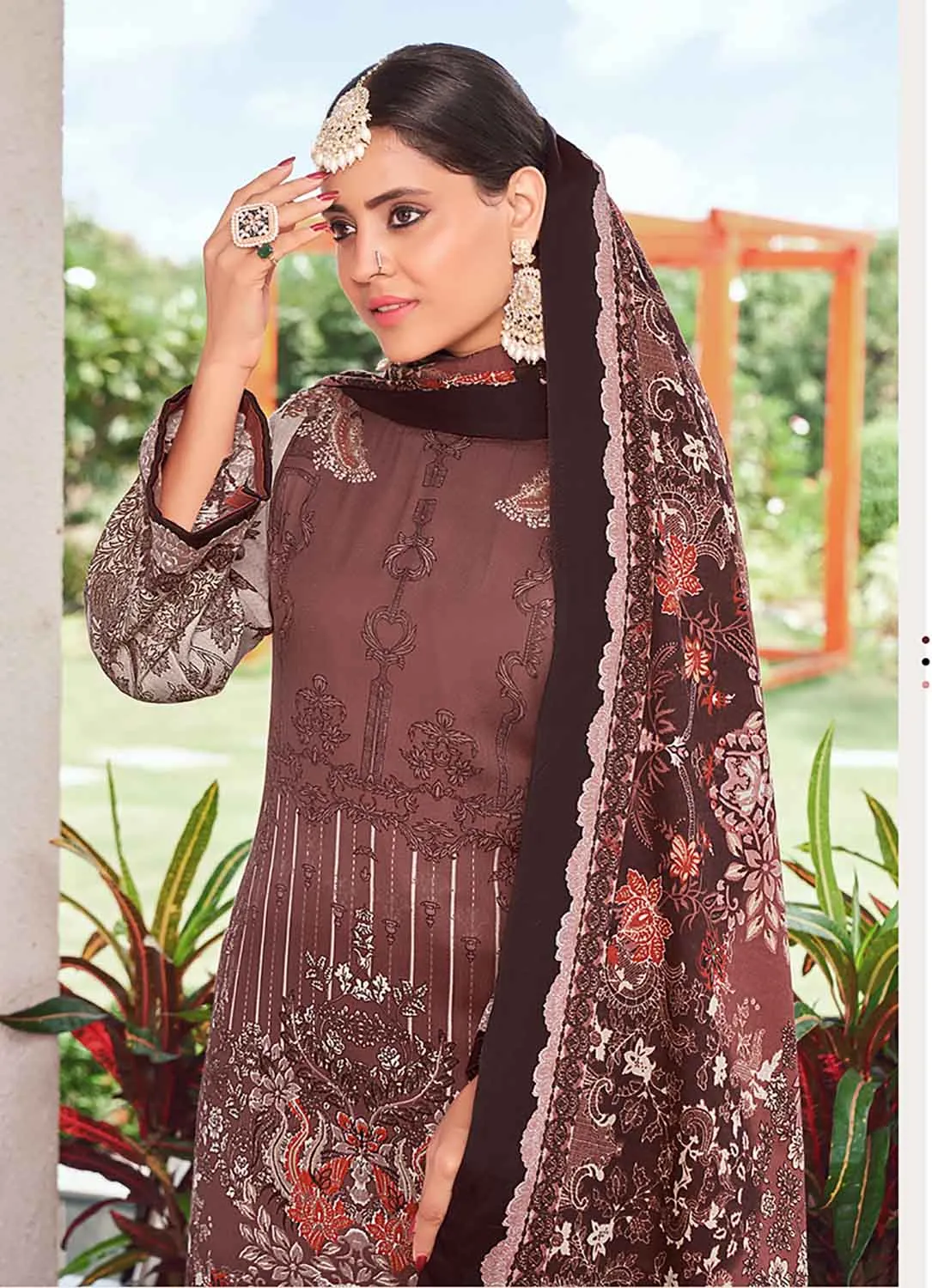 Pakistani Print Brown Pashmina Winter Suit Dress Material for Ladies
