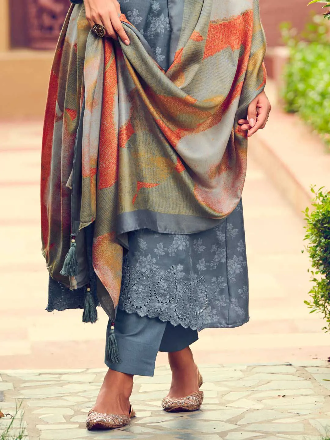 Pashmina Dark Grey Embroidered Unstitched Winter Suit Set