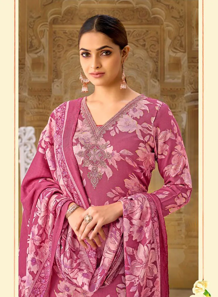 Pink Unstitched Pashmina Winter Suit Dress Material Printed with Embroidery