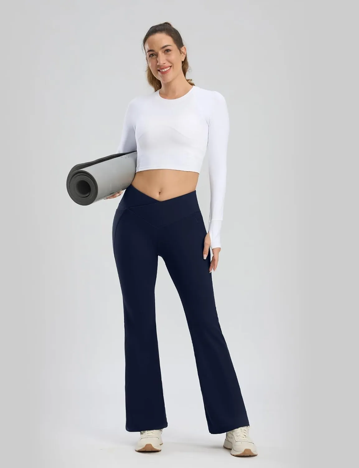 Seamaid Women's Fleece Lined Pants 30" Water Resistant Crossover Flare Leggings Winter Bell Bottom Yoga Pants with Pockets