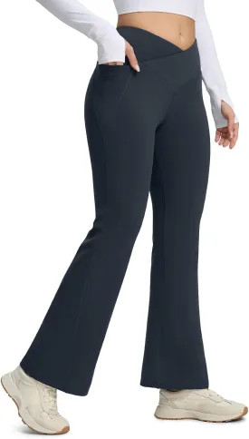 Seamaid Women's Fleece Lined Pants 30" Water Resistant Crossover Flare Leggings Winter Bell Bottom Yoga Pants with Pockets