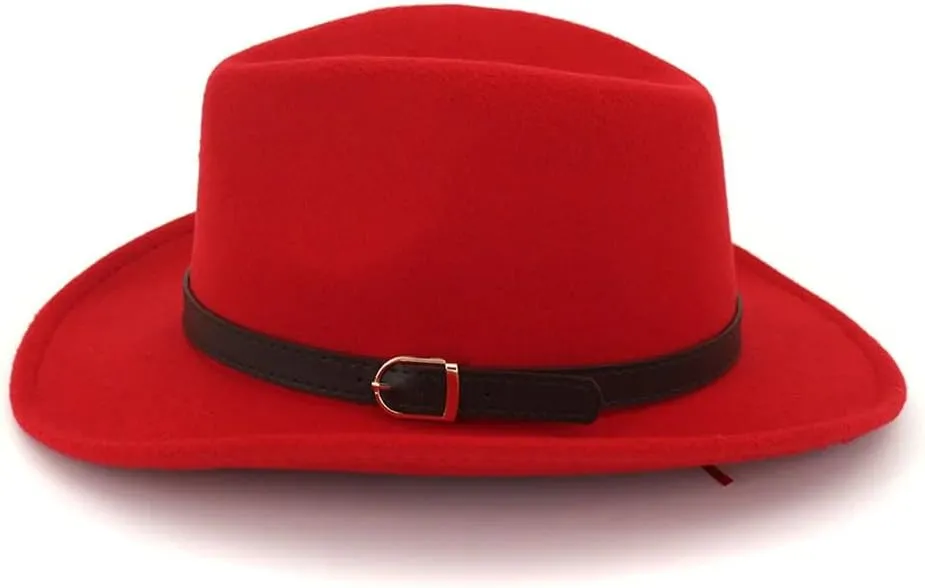 Women Men Western Cowboy Hat Wool Felt Wide Brim Fedora Hats with Belt Buckle Party Trilby Hat