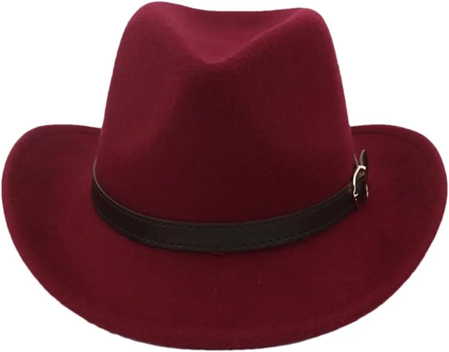 Women Men Western Cowboy Hat Wool Felt Wide Brim Fedora Hats with Belt Buckle Party Trilby Hat