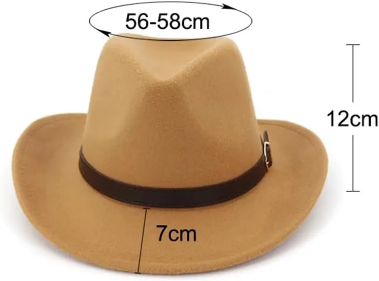 Women Men Western Cowboy Hat Wool Felt Wide Brim Fedora Hats with Belt Buckle Party Trilby Hat