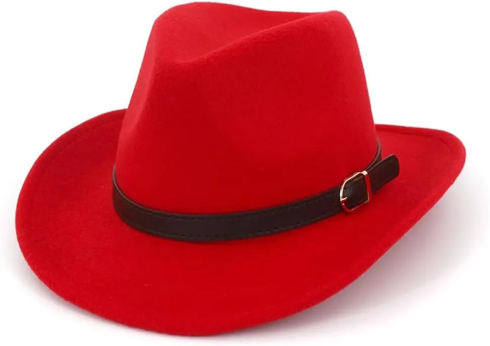 Women Men Western Cowboy Hat Wool Felt Wide Brim Fedora Hats with Belt Buckle Party Trilby Hat