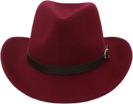 Women Men Western Cowboy Hat Wool Felt Wide Brim Fedora Hats with Belt Buckle Party Trilby Hat