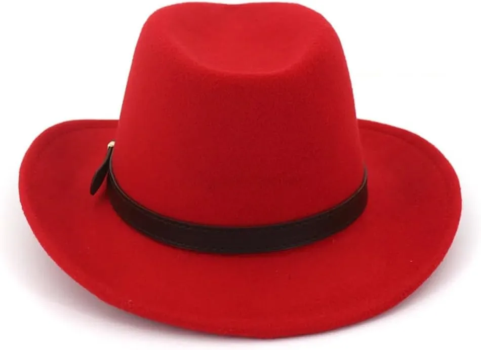 Women Men Western Cowboy Hat Wool Felt Wide Brim Fedora Hats with Belt Buckle Party Trilby Hat