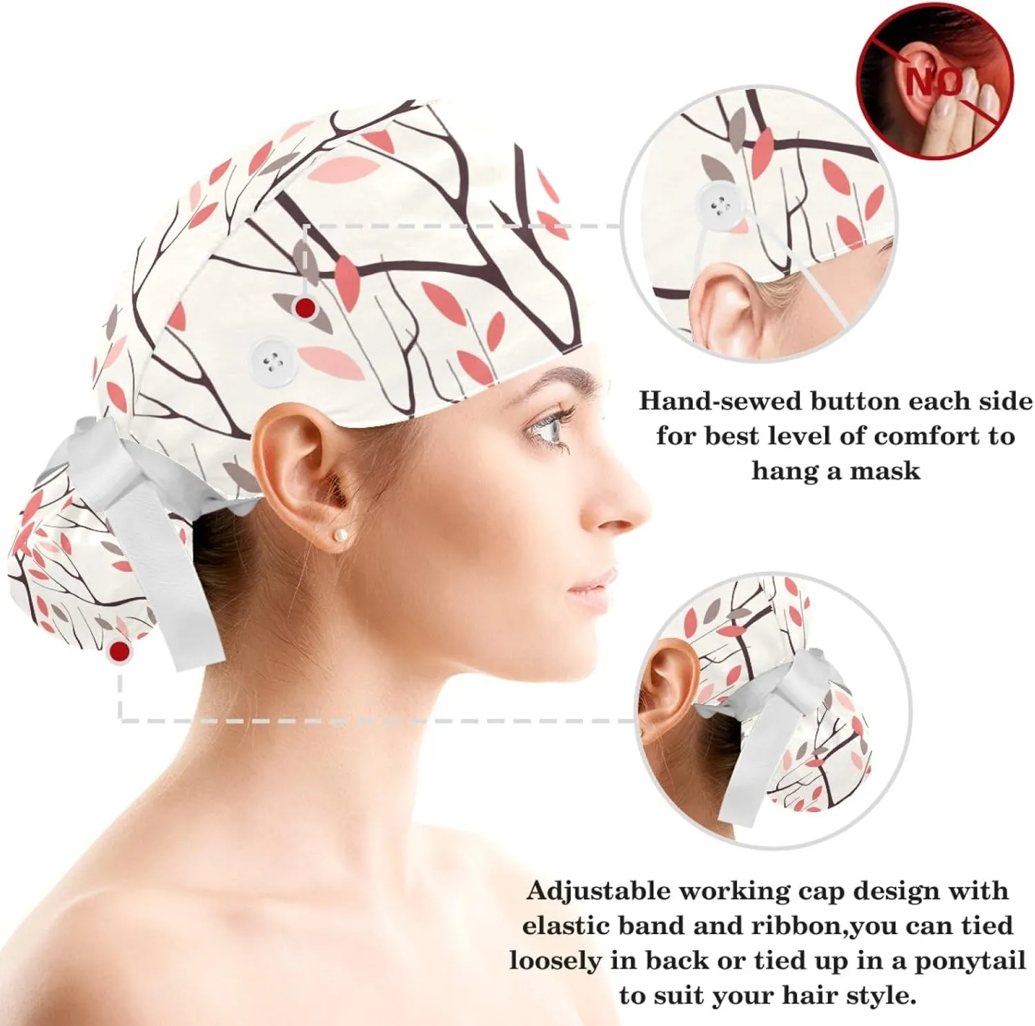 Women Working Cap with Buttons Bouffant Hat Autumn Leaves Nurse Scrub Caps Long Hair