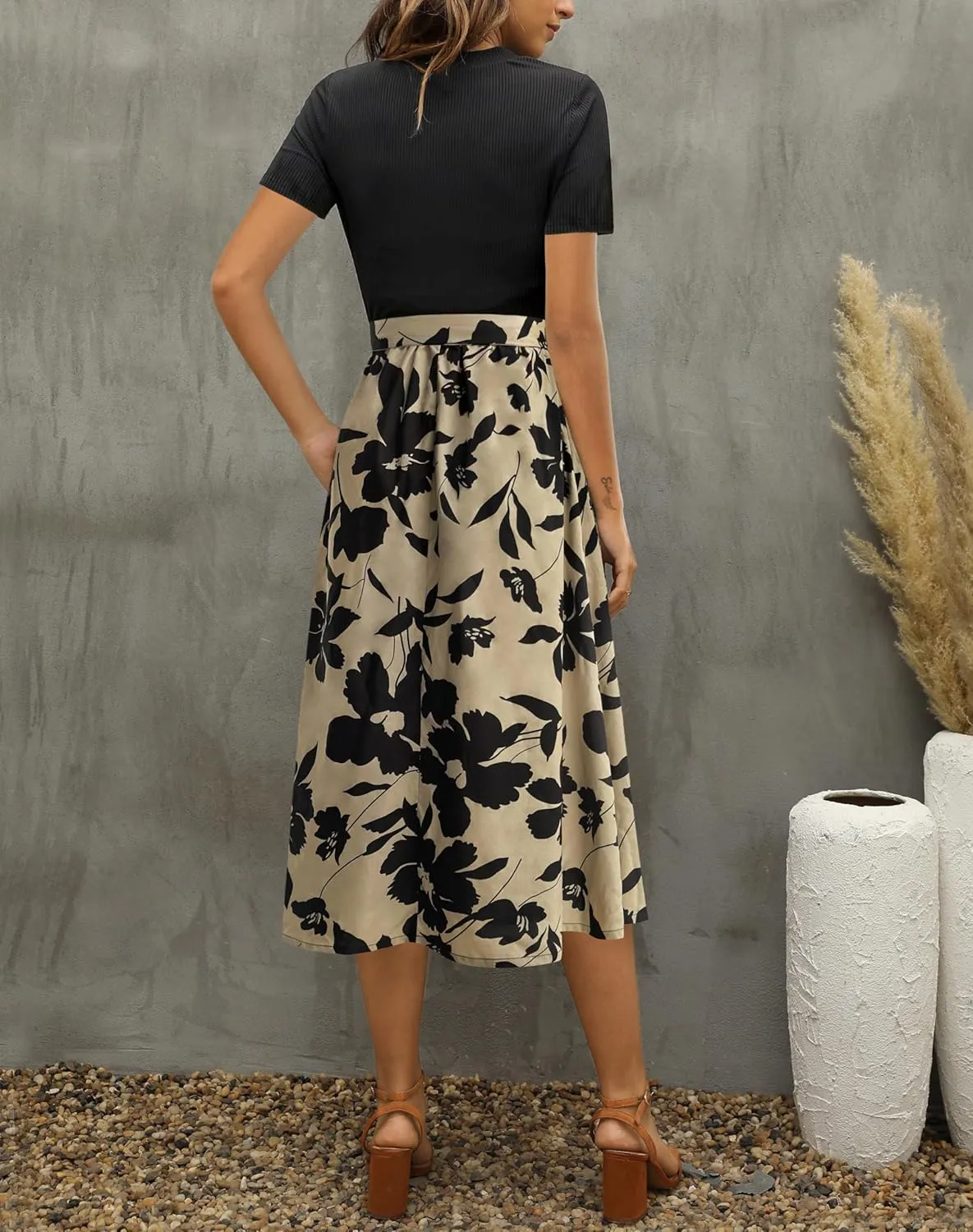 Zattcas Women 2025 Summer Dress Short Sleeve Ribbed Teacher Church Modest Business Casual Work Outfits Midi Dress