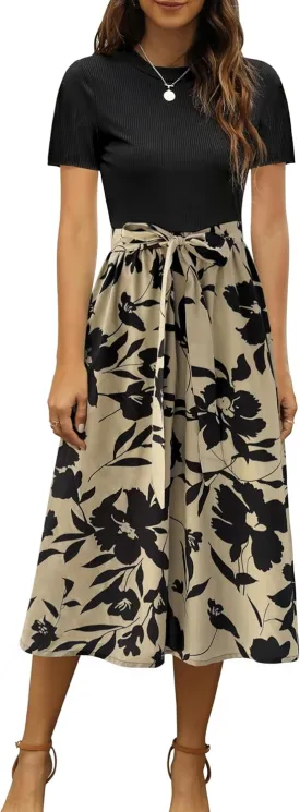Zattcas Women 2025 Summer Dress Short Sleeve Ribbed Teacher Church Modest Business Casual Work Outfits Midi Dress