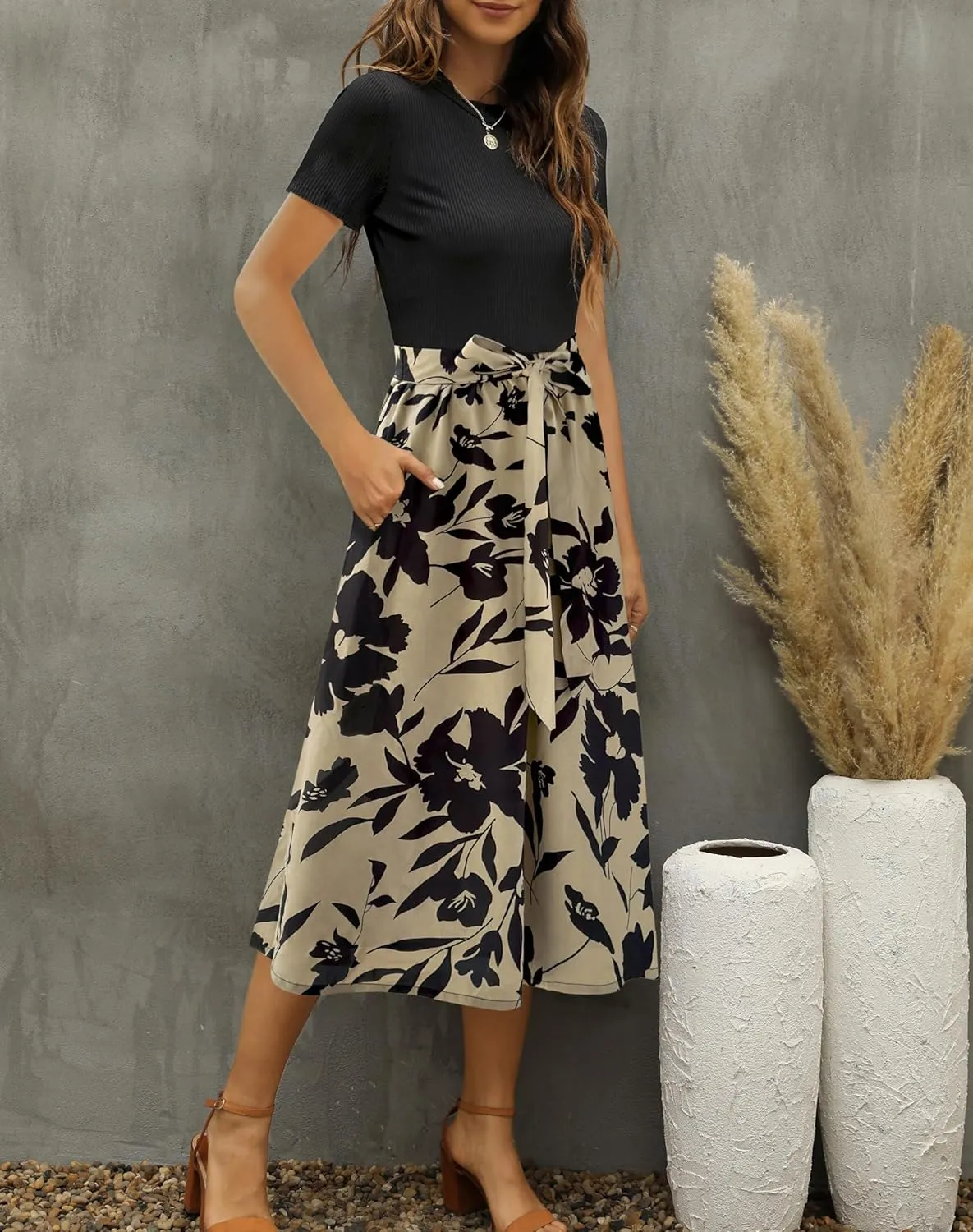 Zattcas Women 2025 Summer Dress Short Sleeve Ribbed Teacher Church Modest Business Casual Work Outfits Midi Dress